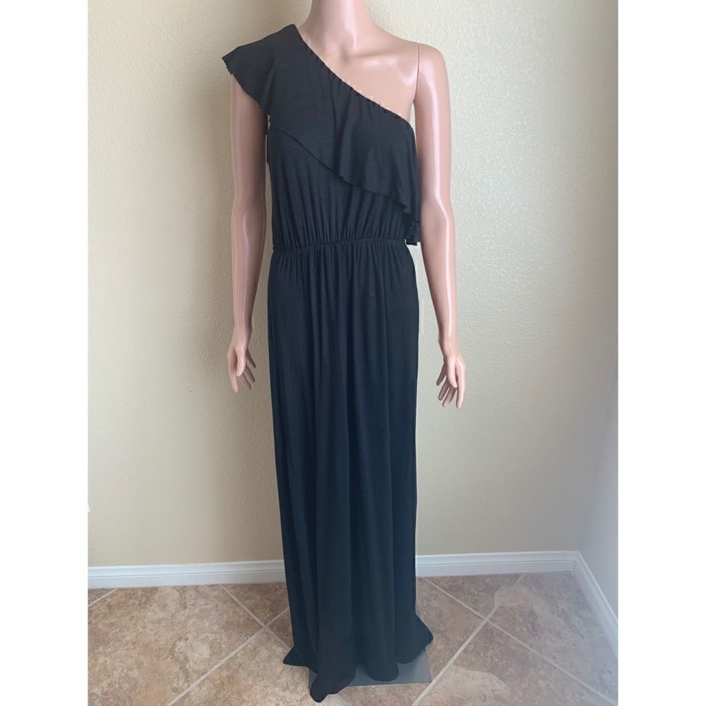 Poetry One Shoulder Black Maxi Dress Size Medium Basic Ruffle Grecian Long Dress